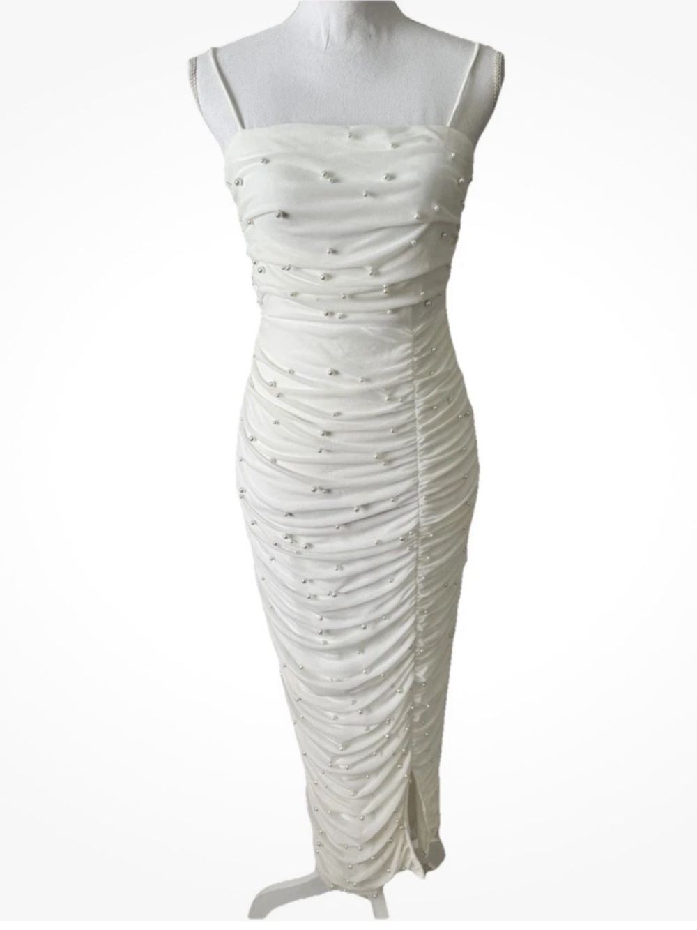 Lulus Toast to Romance Women’s White Ruched Pearl Strappy Bodycon Midi Dress M